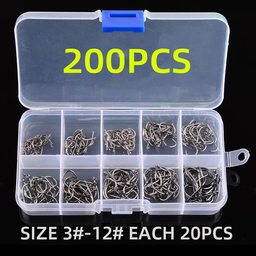 200 pcs fishing hooks Kit Barbless Circle & Curve 90 Degree Jig Hooks 50-200